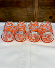 Load image into Gallery viewer, Vintage 1970s Orange Floral Drinking Glasses - Set of 4, Retro Flower Power Juice Tumblers, Mid Century Kitchen Glassware