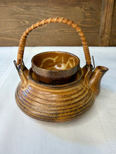 Load image into Gallery viewer, Vintage Japanese Style Stoneware Teapot with Tea Cup Lid | Rattan Handle | Tea for One | 1970s Studio Pottery
