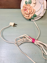Load image into Gallery viewer, 1940s Porcelain Wall Sconce, Rose Floral Boudoir Lamp, Rope Tassel Ceramic Plug-In Light