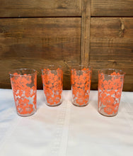 Load image into Gallery viewer, Vintage 1970s Orange Floral Drinking Glasses - Set of 4, Retro Flower Power Juice Tumblers, Mid Century Kitchen Glassware