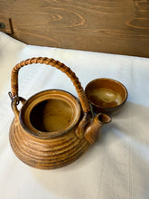 Load image into Gallery viewer, Vintage Japanese Style Stoneware Teapot with Tea Cup Lid | Rattan Handle | Tea for One | 1970s Studio Pottery