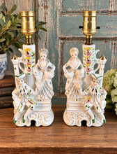 Load image into Gallery viewer, Vintage Porcelain Figural Lamps Pair | Courting Couple Boudoir Lamps | Mid Century Romantic Cottagecore Decor | Hand Painted Floral