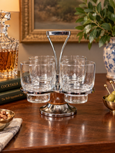Load image into Gallery viewer, Vintage MCM Cocktail Caddy, 4 Footed, Rocks Glasses, Chrome &amp; Wood, Mid Century Barware
