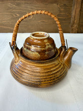 Load image into Gallery viewer, Vintage Japanese Style Stoneware Teapot with Tea Cup Lid | Rattan Handle | Tea for One | 1970s Studio Pottery
