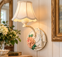 Load image into Gallery viewer, 1940s Porcelain Wall Sconce, Rose Floral Boudoir Lamp, Rope Tassel Ceramic Plug-In Light
