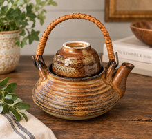 Load image into Gallery viewer, Vintage Japanese Style Stoneware Teapot with Tea Cup Lid | Rattan Handle | Tea for One | 1970s Studio Pottery
