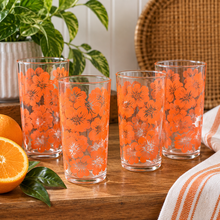 Load image into Gallery viewer, Vintage 1970s Orange Floral Drinking Glasses - Set of 4, Retro Flower Power Juice Tumblers, Mid Century Kitchen Glassware
